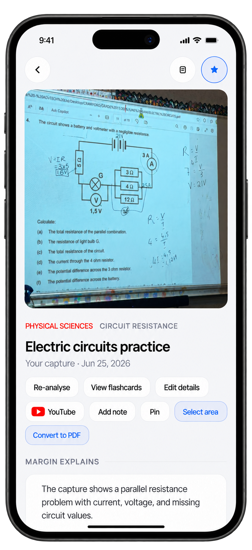 Margin explaining a captured electric circuits problem